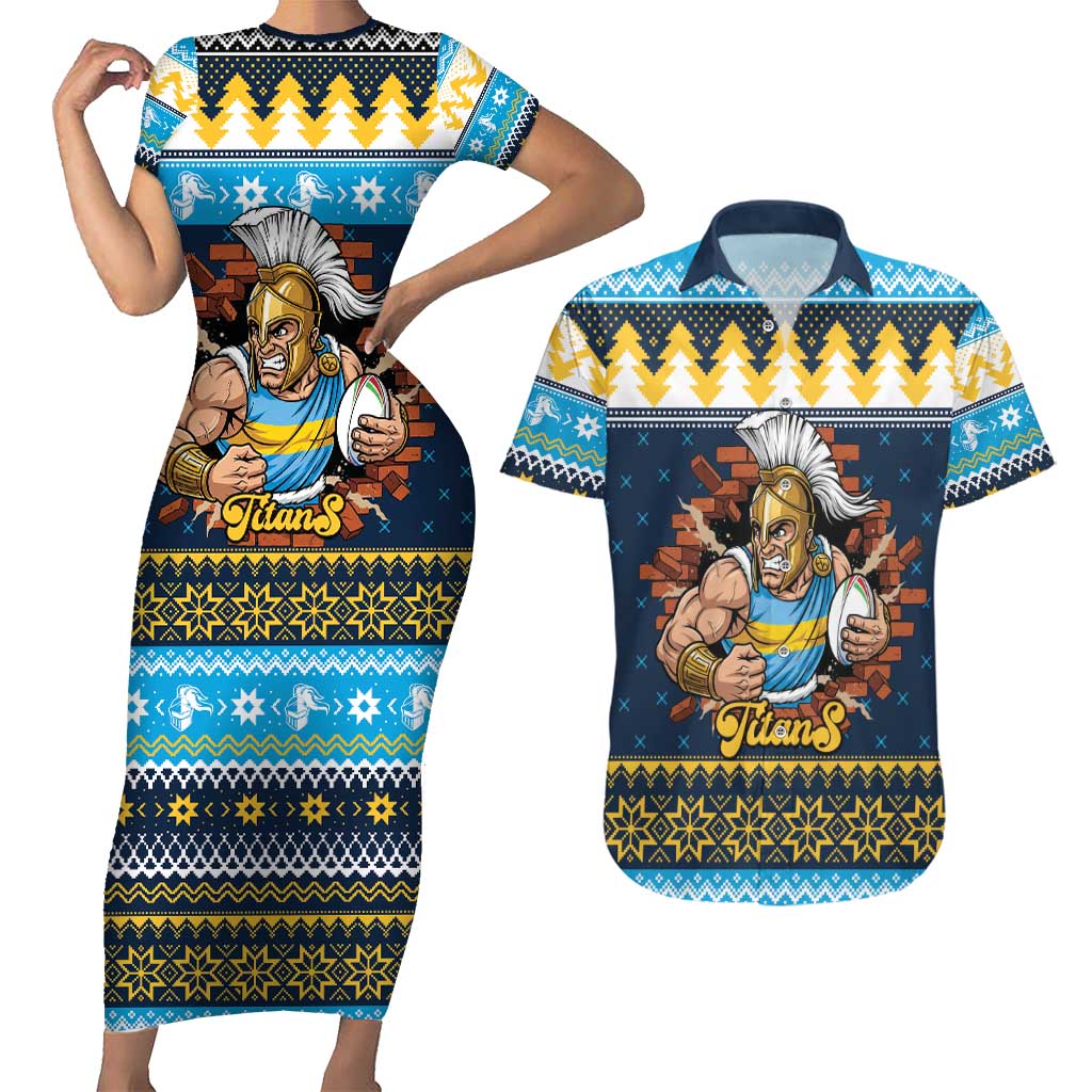 Santa’s Titan Warrior Personalized Couples Matching Short Sleeve Bodycon Dress and Hawaiian Shirt Christmas Rugby League Spirit - Aussie Hoodie