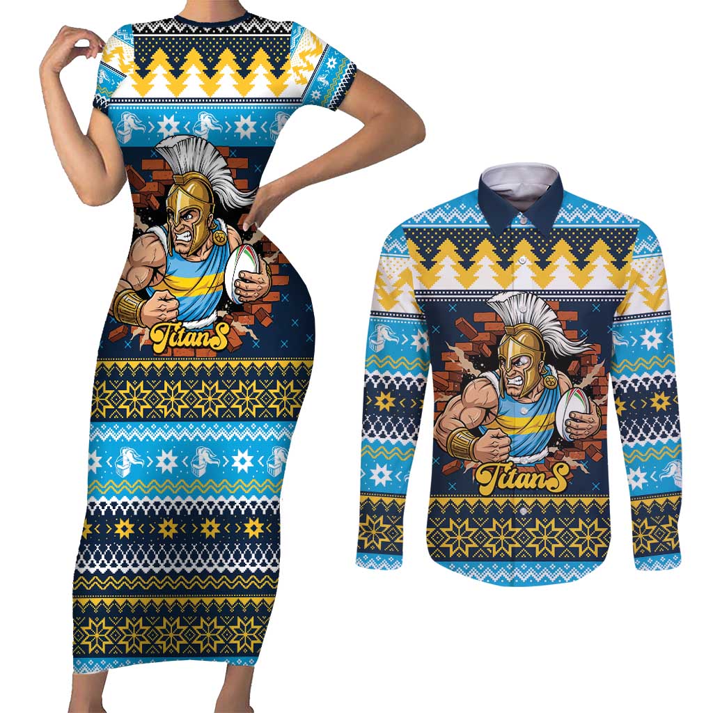 Santa’s Titan Warrior Personalized Couples Matching Short Sleeve Bodycon Dress and Long Sleeve Button Shirt Christmas Rugby League Spirit - Aussie Hoodie