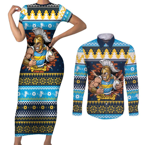 Santa’s Titan Warrior Personalized Couples Matching Short Sleeve Bodycon Dress and Long Sleeve Button Shirt Christmas Rugby League Spirit - Aussie Hoodie