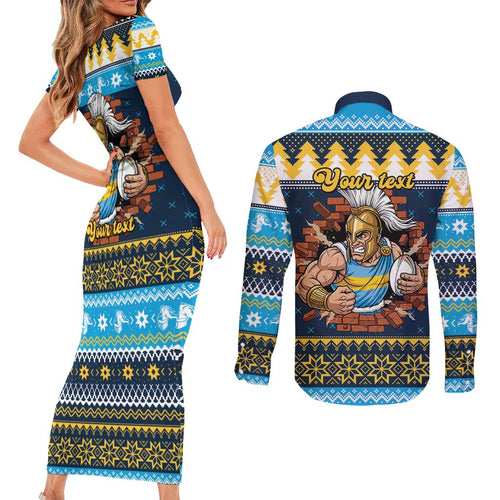 Santa’s Titan Warrior Personalized Couples Matching Short Sleeve Bodycon Dress and Long Sleeve Button Shirt Christmas Rugby League Spirit - Aussie Hoodie