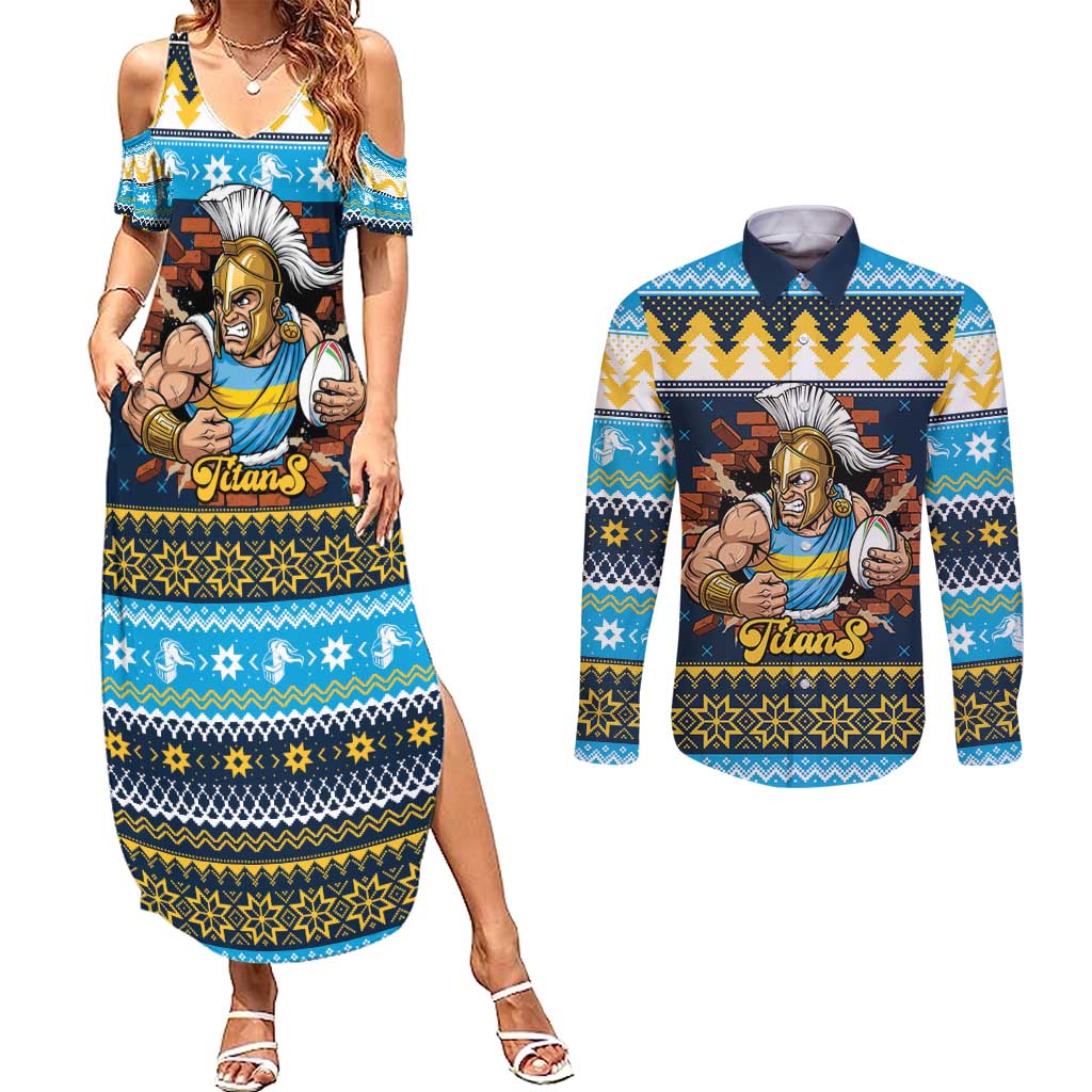Santa’s Titan Warrior Personalized Couples Matching Summer Maxi Dress and Long Sleeve Button Shirt Christmas Rugby League Spirit - Aussie Hoodie
