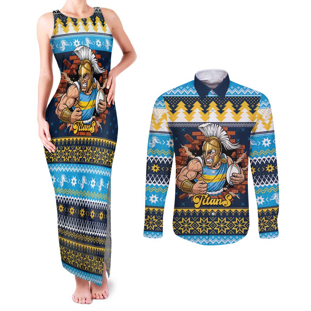 Santa’s Titan Warrior Personalized Couples Matching Tank Maxi Dress and Long Sleeve Button Shirt Christmas Rugby League Spirit - Aussie Hoodie