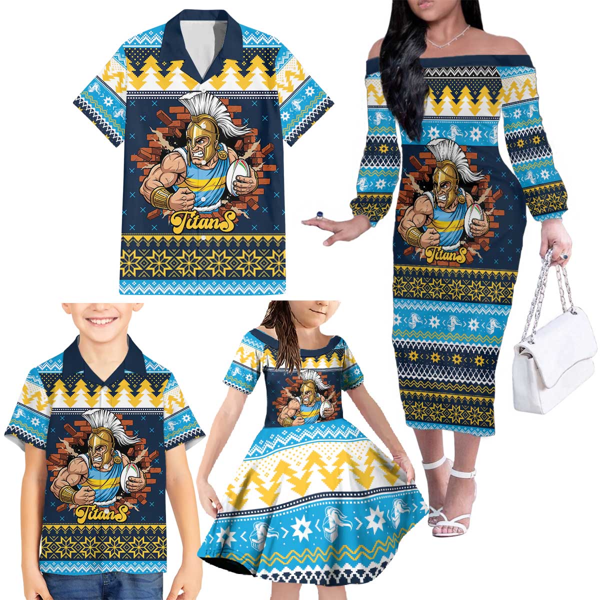 Santa’s Titan Warrior Personalized Family Matching Off The Shoulder Long Sleeve Dress and Hawaiian Shirt Christmas Rugby League Spirit - Aussie Hoodie