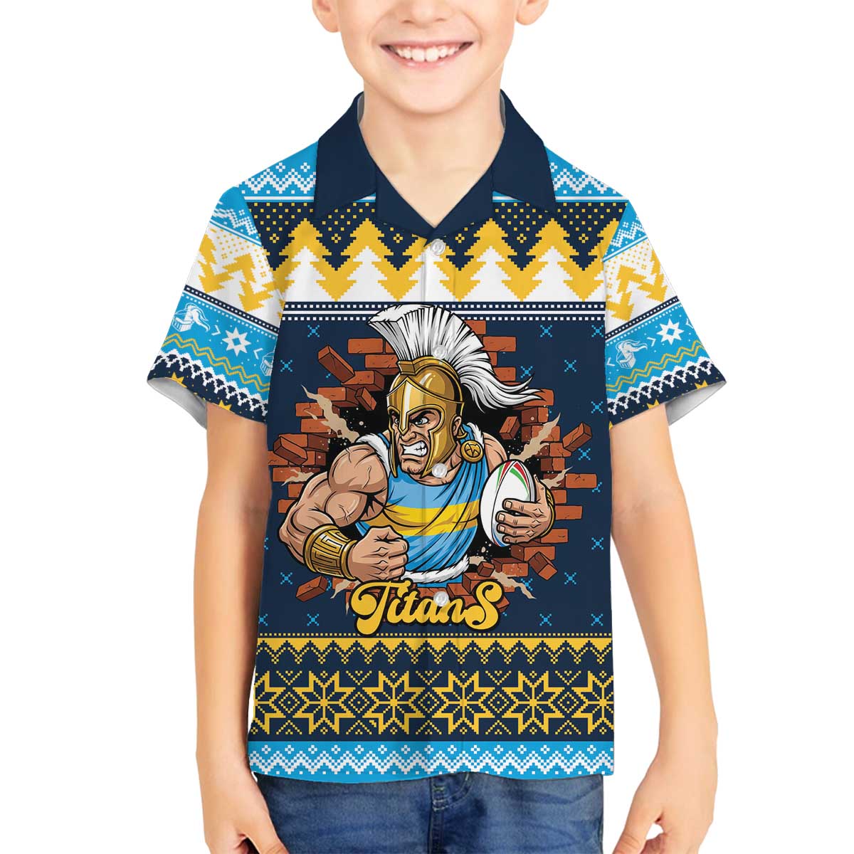 Santa’s Titan Warrior Personalized Family Matching Off The Shoulder Long Sleeve Dress and Hawaiian Shirt Christmas Rugby League Spirit - Aussie Hoodie