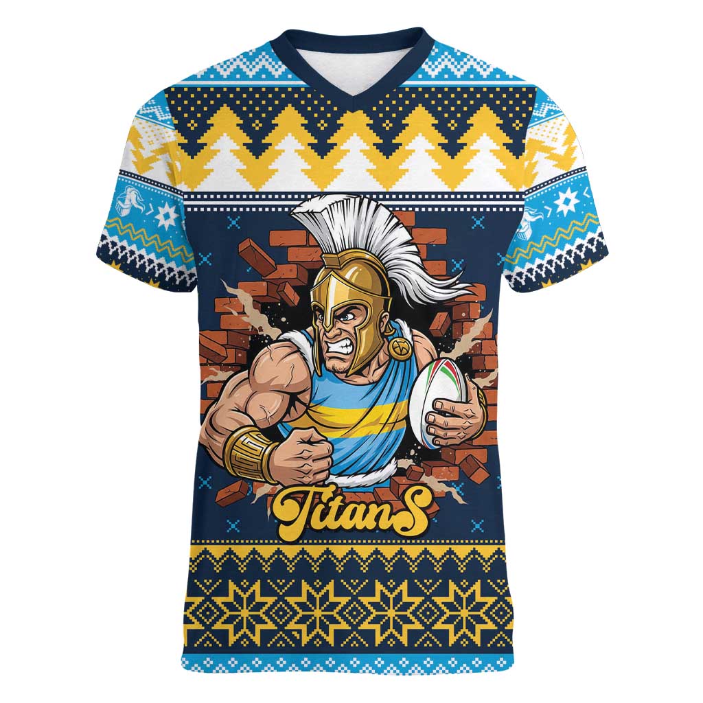 Santa’s Titan Warrior Personalized Women V-Neck T-Shirt Christmas Rugby League Spirit - Aussie Hoodie