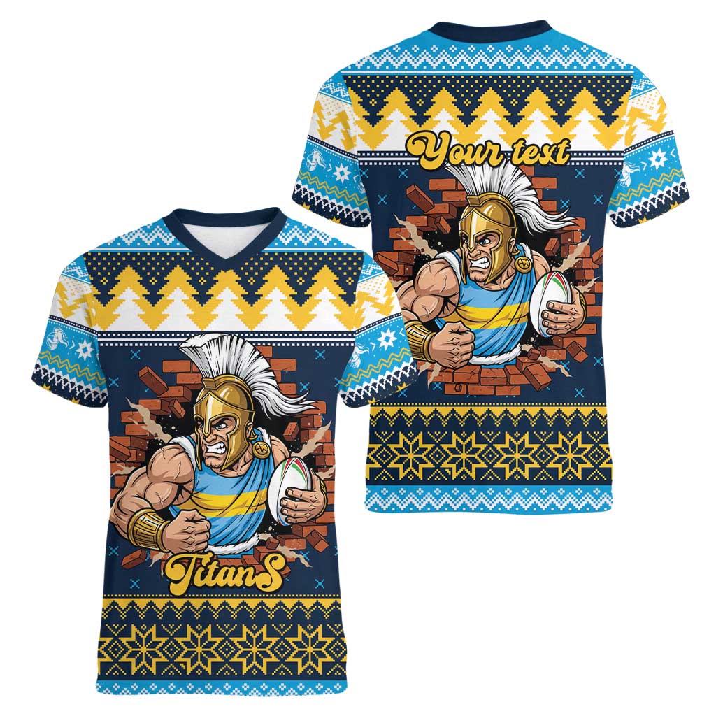 Santa’s Titan Warrior Personalized Women V-Neck T-Shirt Christmas Rugby League Spirit - Aussie Hoodie