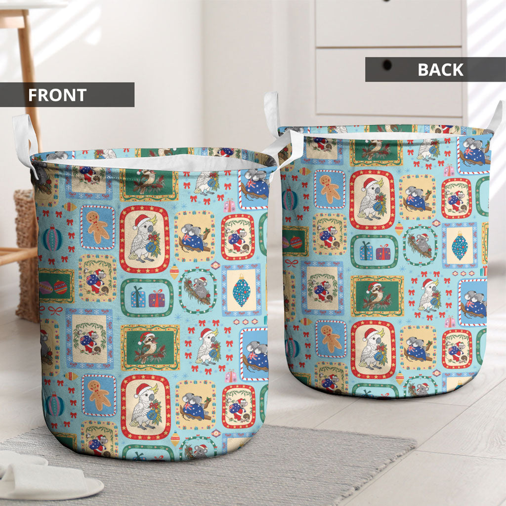 Australia Wildlife Christmas Stamp Laundry Basket Blue Aussie Native Animal Seamless Pattern