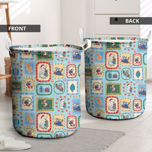 Australia Wildlife Christmas Stamp Laundry Basket Blue Aussie Native Animal Seamless Pattern