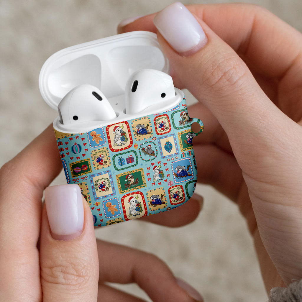 Australia Wildlife Christmas Stamp AirPods Case Blue Aussie Native Animal Seamless Pattern