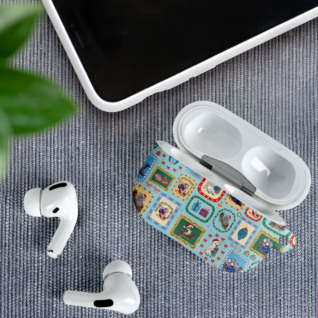 Australia Wildlife Christmas Stamp AirPods Case Blue Aussie Native Animal Seamless Pattern