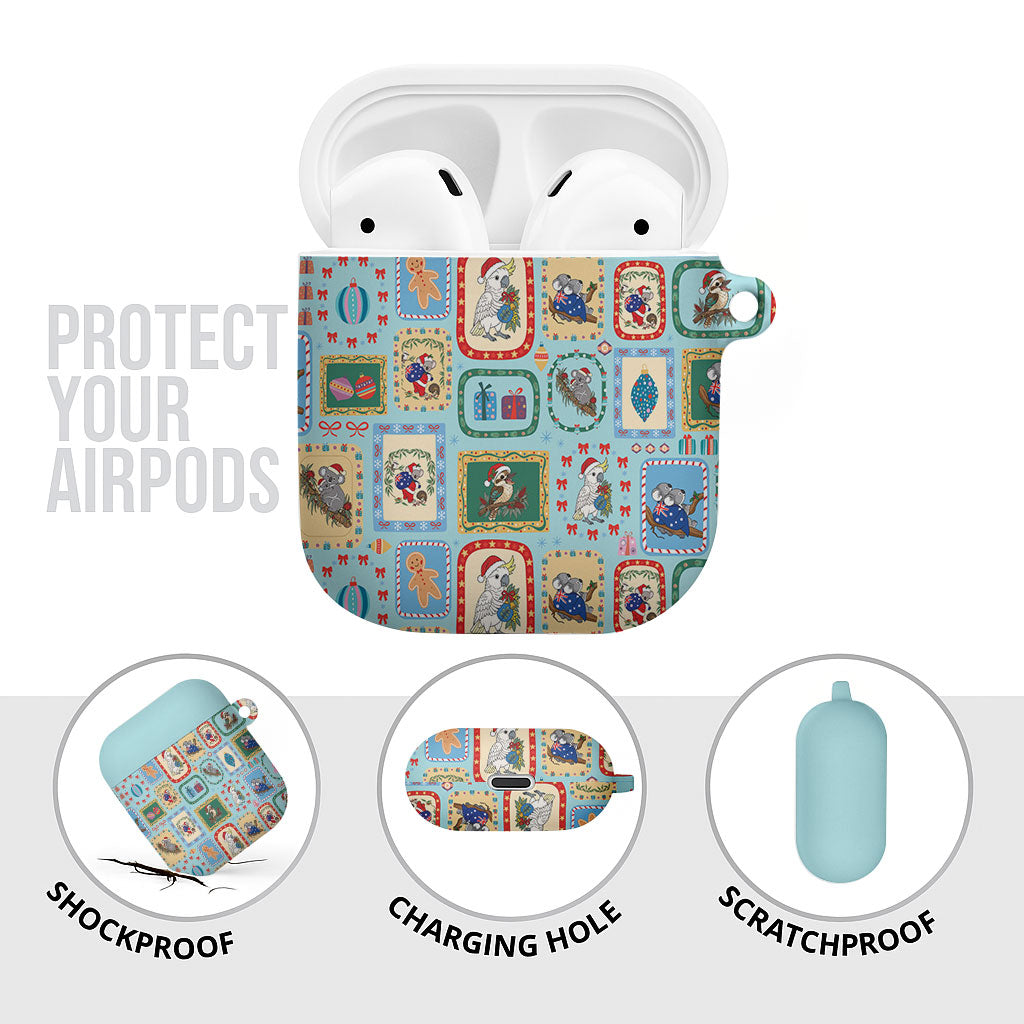 Australia Wildlife Christmas Stamp AirPods Case Blue Aussie Native Animal Seamless Pattern