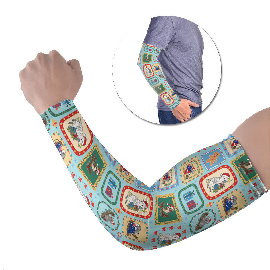Australia Wildlife Christmas Stamp Arm Sleeves Blue Aussie Native Animal Seamless Pattern