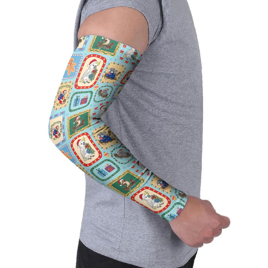 Australia Wildlife Christmas Stamp Arm Sleeves Blue Aussie Native Animal Seamless Pattern