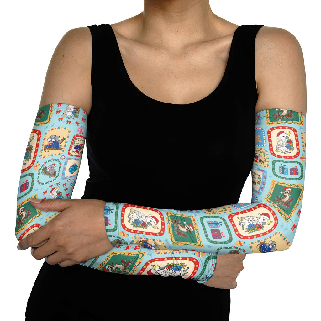 Australia Wildlife Christmas Stamp Arm Sleeves Blue Aussie Native Animal Seamless Pattern