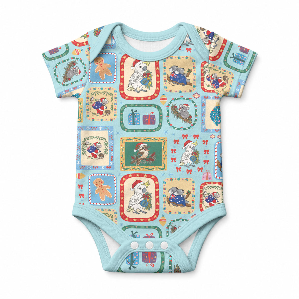 Australia Wildlife Christmas Stamp Baby Onesie Blue Aussie Native Animal Seamless Pattern