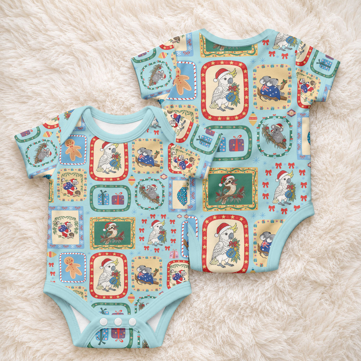 Australia Wildlife Christmas Stamp Baby Onesie Blue Aussie Native Animal Seamless Pattern