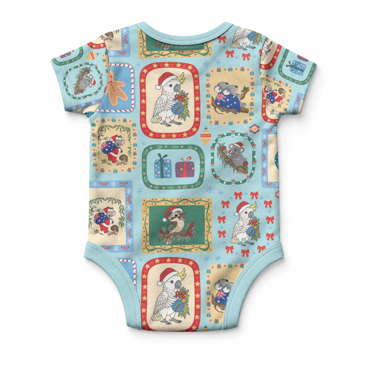 Australia Wildlife Christmas Stamp Baby Onesie Blue Aussie Native Animal Seamless Pattern