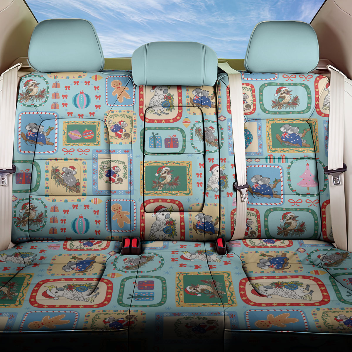 Australia Wildlife Christmas Stamp Back Car Seat Cover Blue Aussie Native Animal Seamless Pattern