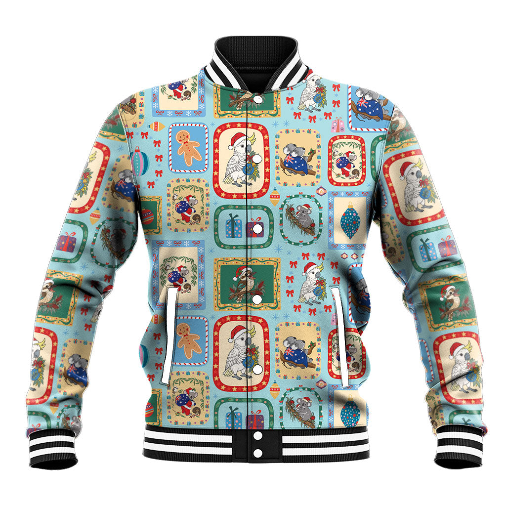 Australia Wildlife Christmas Stamp Baseball Jacket Blue Aussie Native Animal Seamless Pattern