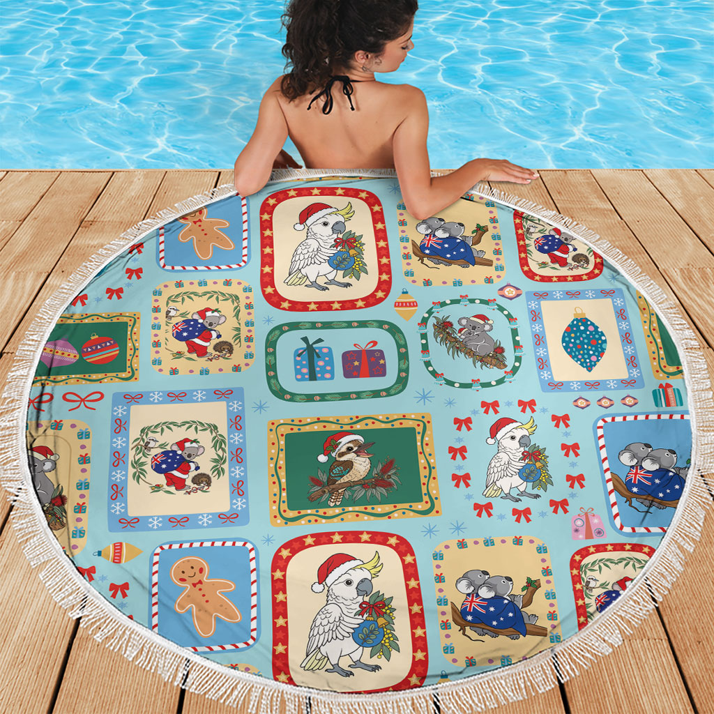 Australia Wildlife Christmas Stamp Beach Blanket Blue Aussie Native Animal Seamless Pattern