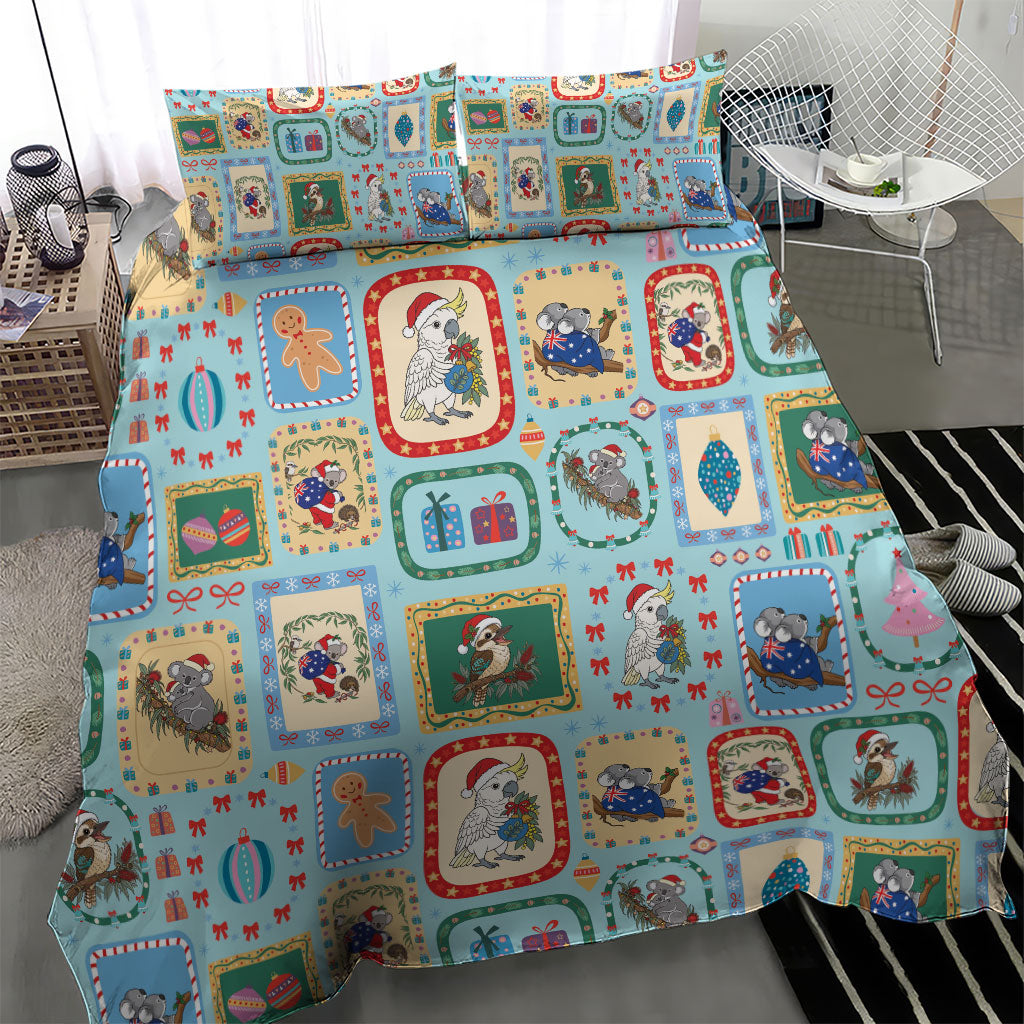 Australia Wildlife Christmas Stamp Bedding Set Blue Aussie Native Animal Seamless Pattern