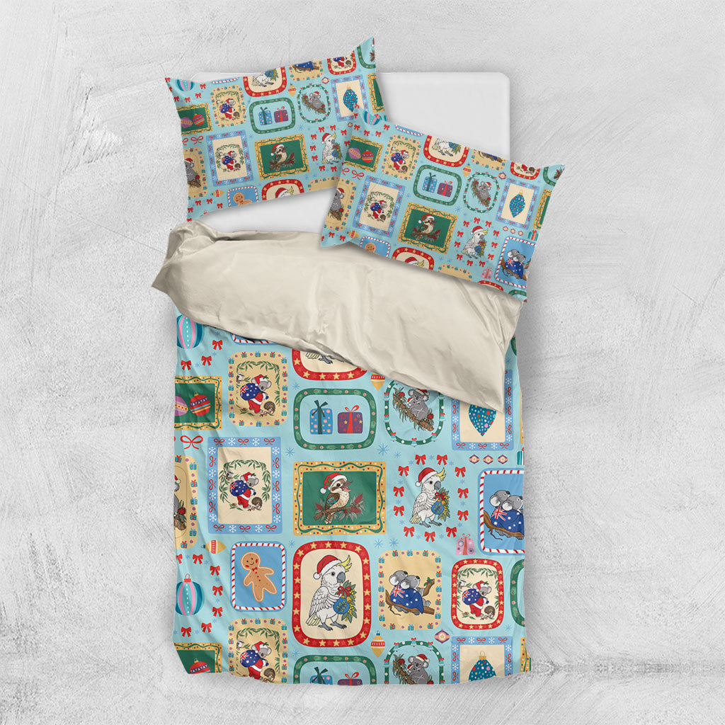 Australia Wildlife Christmas Stamp Bedding Set Blue Aussie Native Animal Seamless Pattern