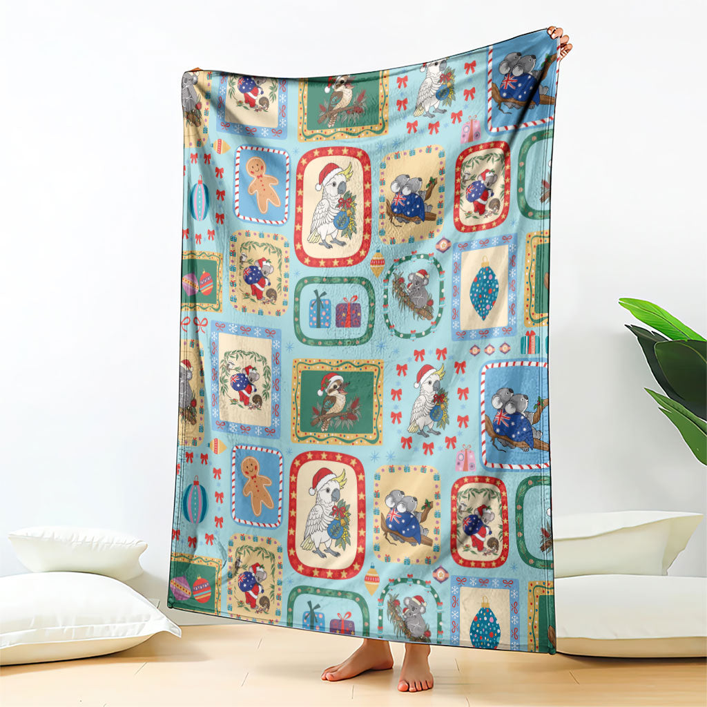 Australia Wildlife Christmas Stamp Blanket Blue Aussie Native Animal Seamless Pattern