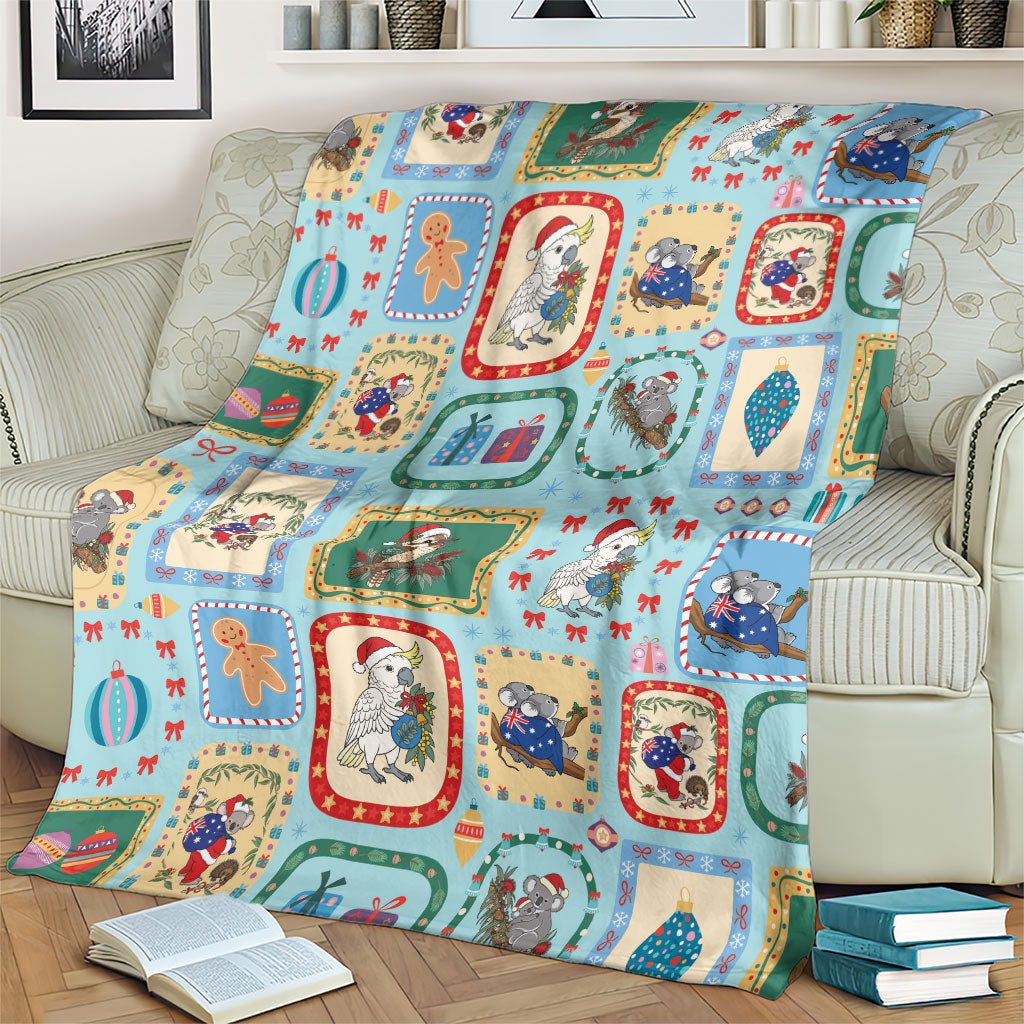 Australia Wildlife Christmas Stamp Blanket Blue Aussie Native Animal Seamless Pattern