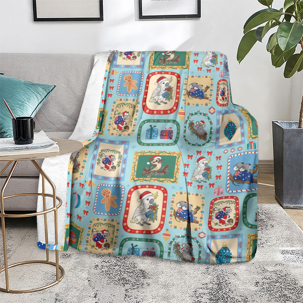 Australia Wildlife Christmas Stamp Blanket Blue Aussie Native Animal Seamless Pattern