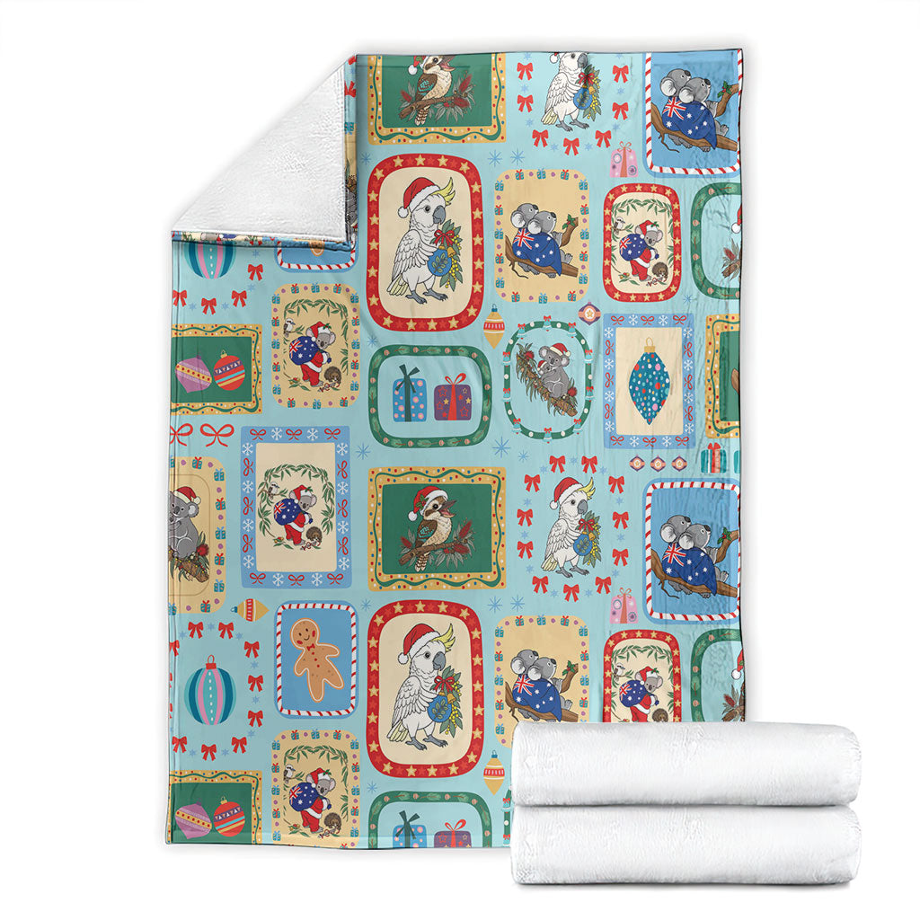Australia Wildlife Christmas Stamp Blanket Blue Aussie Native Animal Seamless Pattern