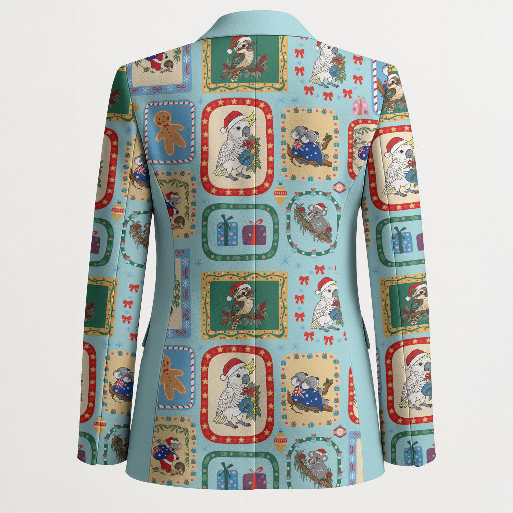 Australia Wildlife Christmas Stamp Blazer Blue Aussie Native Animal Seamless Pattern