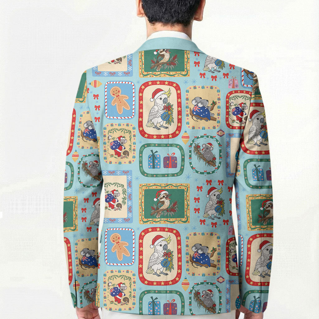 Australia Wildlife Christmas Stamp Blazer Blue Aussie Native Animal Seamless Pattern