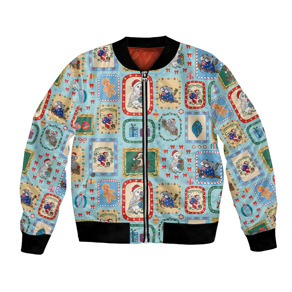 Australia Wildlife Christmas Stamp Bomber Jacket Blue Aussie Native Animal Seamless Pattern
