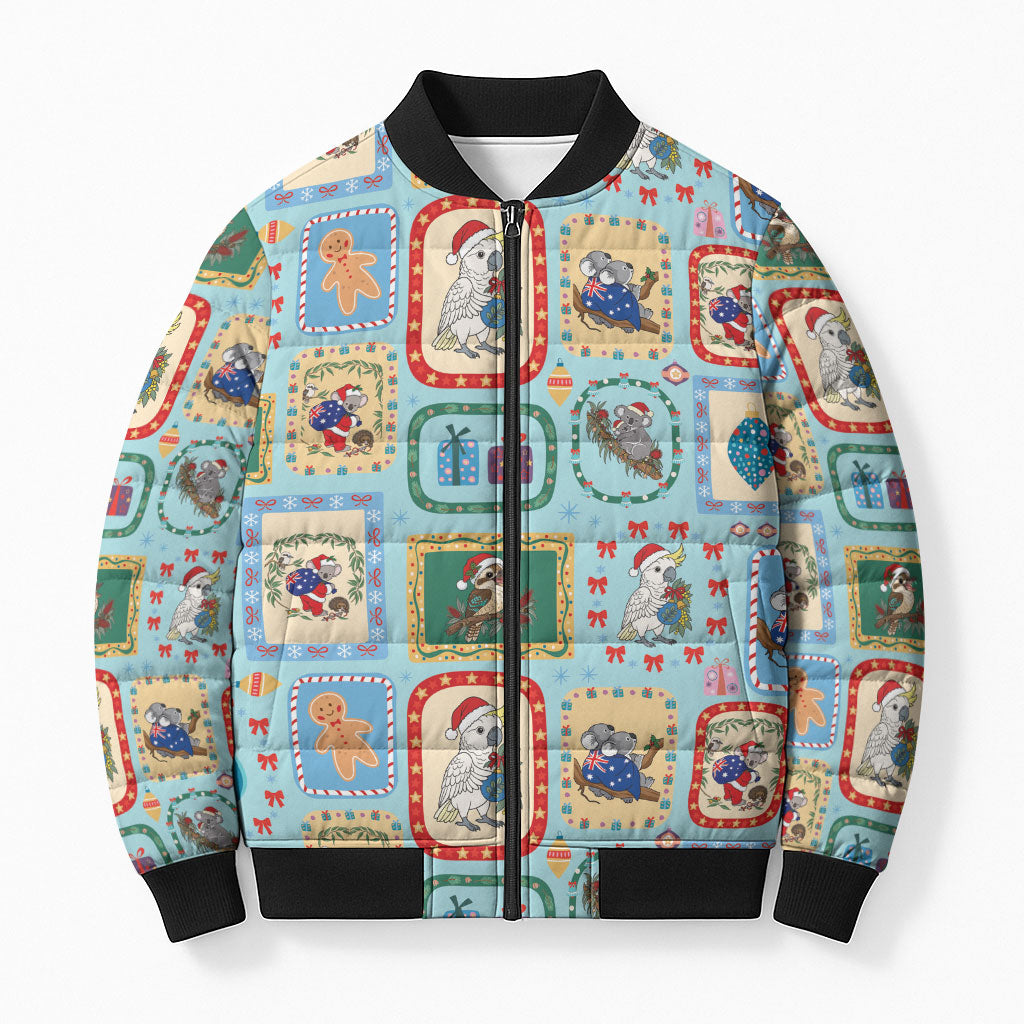 Australia Wildlife Christmas Stamp Bomber Puffer Jacket Blue Aussie Native Animal Seamless Pattern