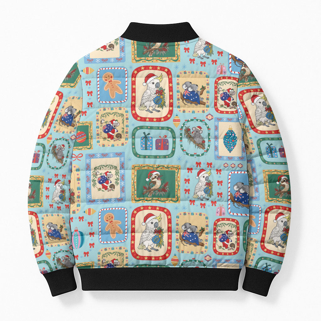 Australia Wildlife Christmas Stamp Bomber Puffer Jacket Blue Aussie Native Animal Seamless Pattern
