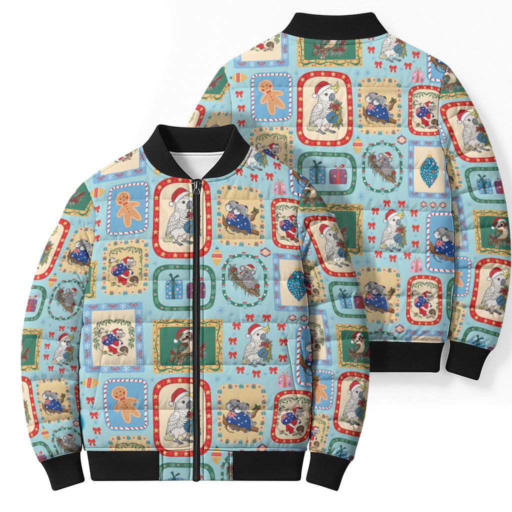 Australia Wildlife Christmas Stamp Bomber Puffer Jacket Blue Aussie Native Animal Seamless Pattern