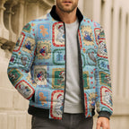 Australia Wildlife Christmas Stamp Bomber Puffer Jacket Blue Aussie Native Animal Seamless Pattern