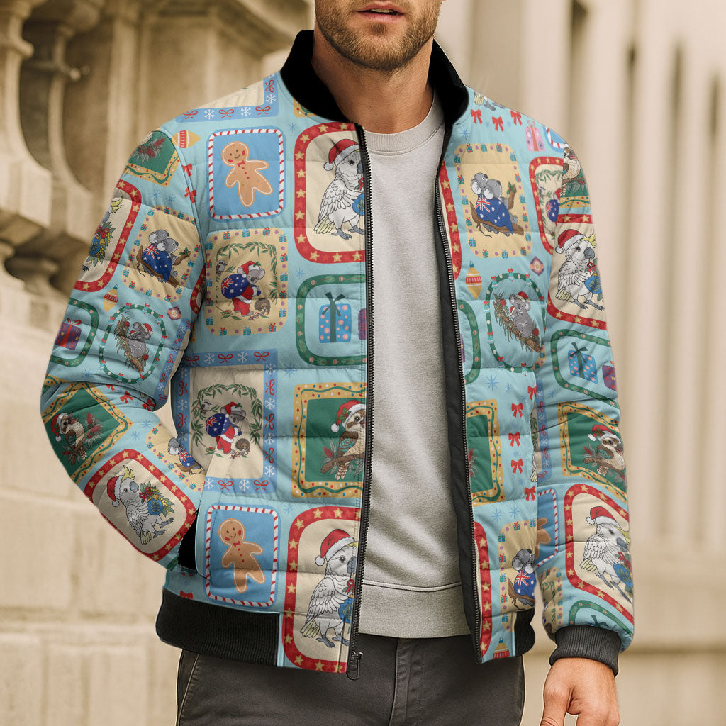 Australia Wildlife Christmas Stamp Bomber Puffer Jacket Blue Aussie Native Animal Seamless Pattern