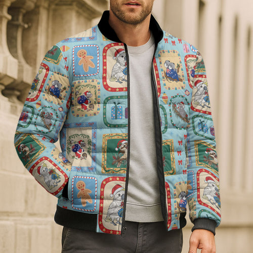 Australia Wildlife Christmas Stamp Bomber Puffer Jacket Blue Aussie Native Animal Seamless Pattern