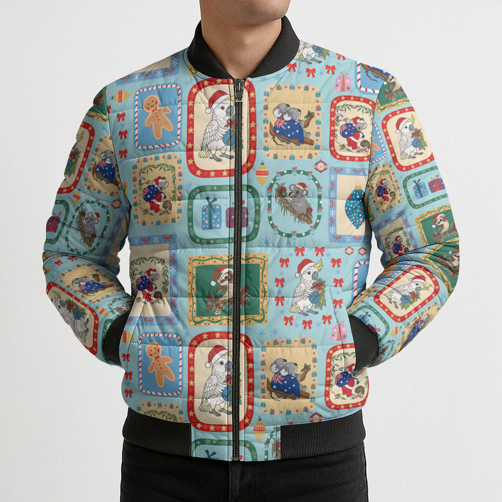 Australia Wildlife Christmas Stamp Bomber Puffer Jacket Blue Aussie Native Animal Seamless Pattern