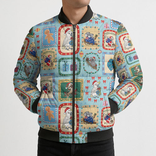 Australia Wildlife Christmas Stamp Bomber Puffer Jacket Blue Aussie Native Animal Seamless Pattern