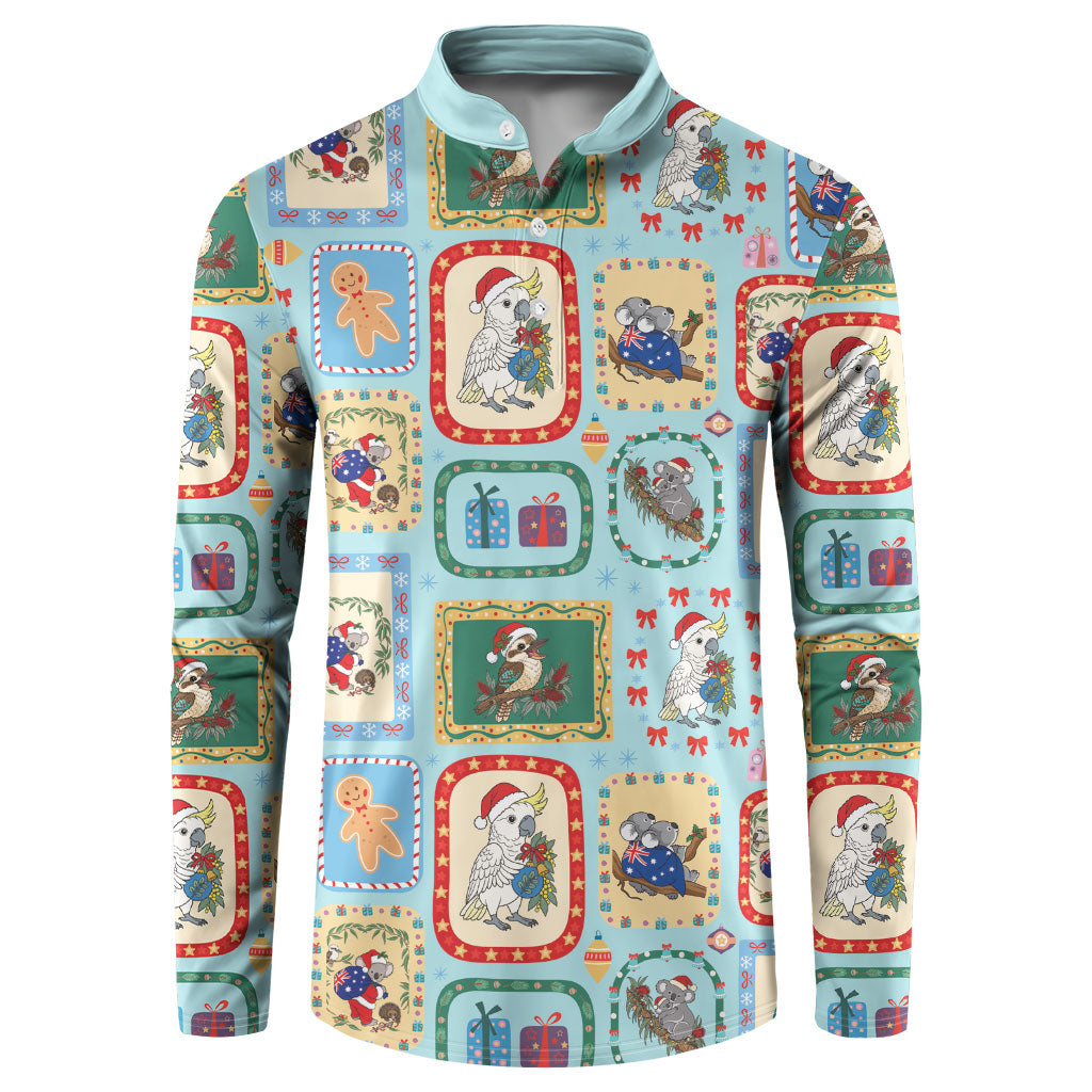 Australia Wildlife Christmas Stamp Button Sweatshirt Blue Aussie Native Animal Seamless Pattern