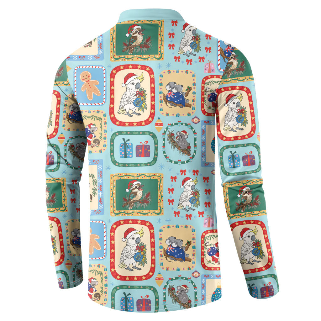 Australia Wildlife Christmas Stamp Button Sweatshirt Blue Aussie Native Animal Seamless Pattern