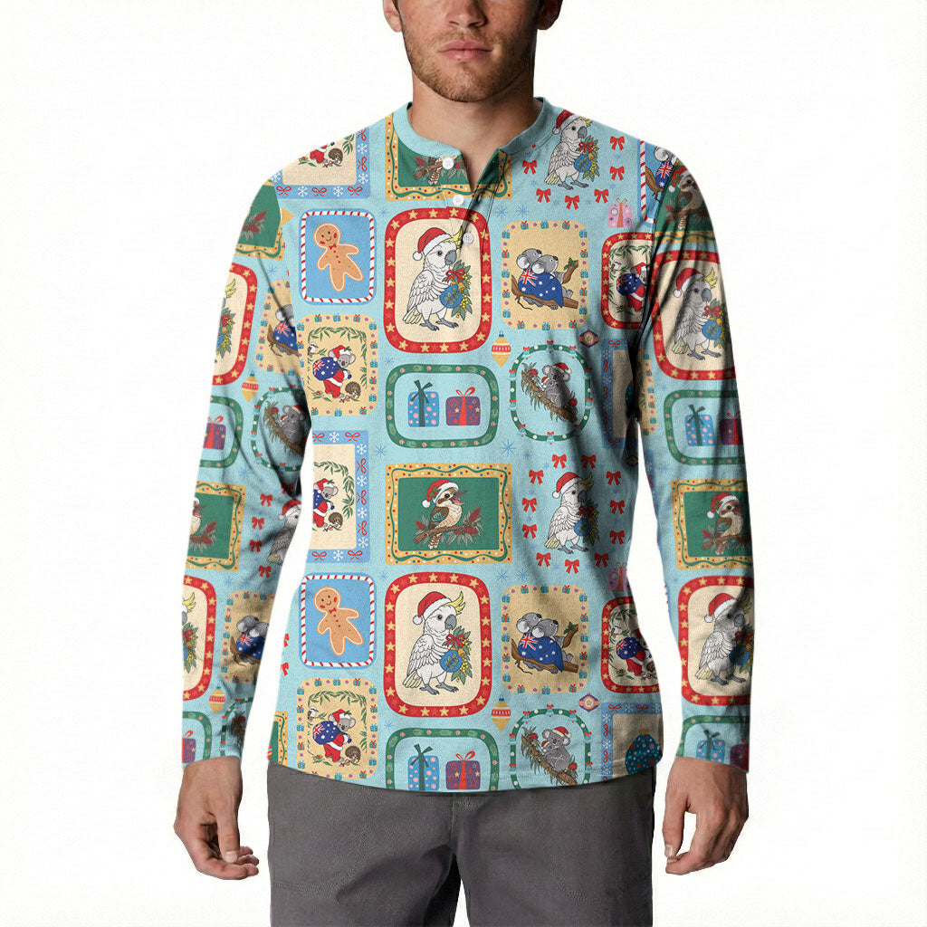 Australia Wildlife Christmas Stamp Button Sweatshirt Blue Aussie Native Animal Seamless Pattern
