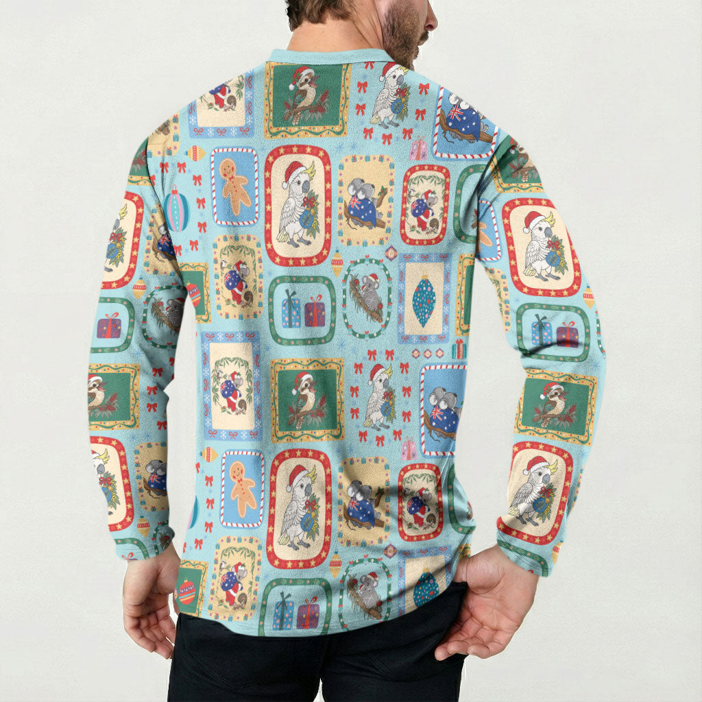 Australia Wildlife Christmas Stamp Button Sweatshirt Blue Aussie Native Animal Seamless Pattern