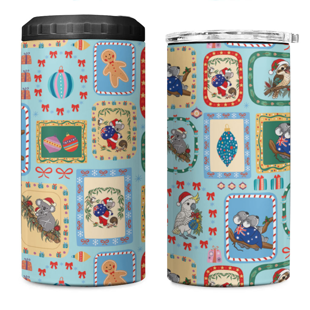 Australia Wildlife Christmas Stamp 4 in 1 Can Cooler Tumbler Blue Aussie Native Animal Seamless Pattern