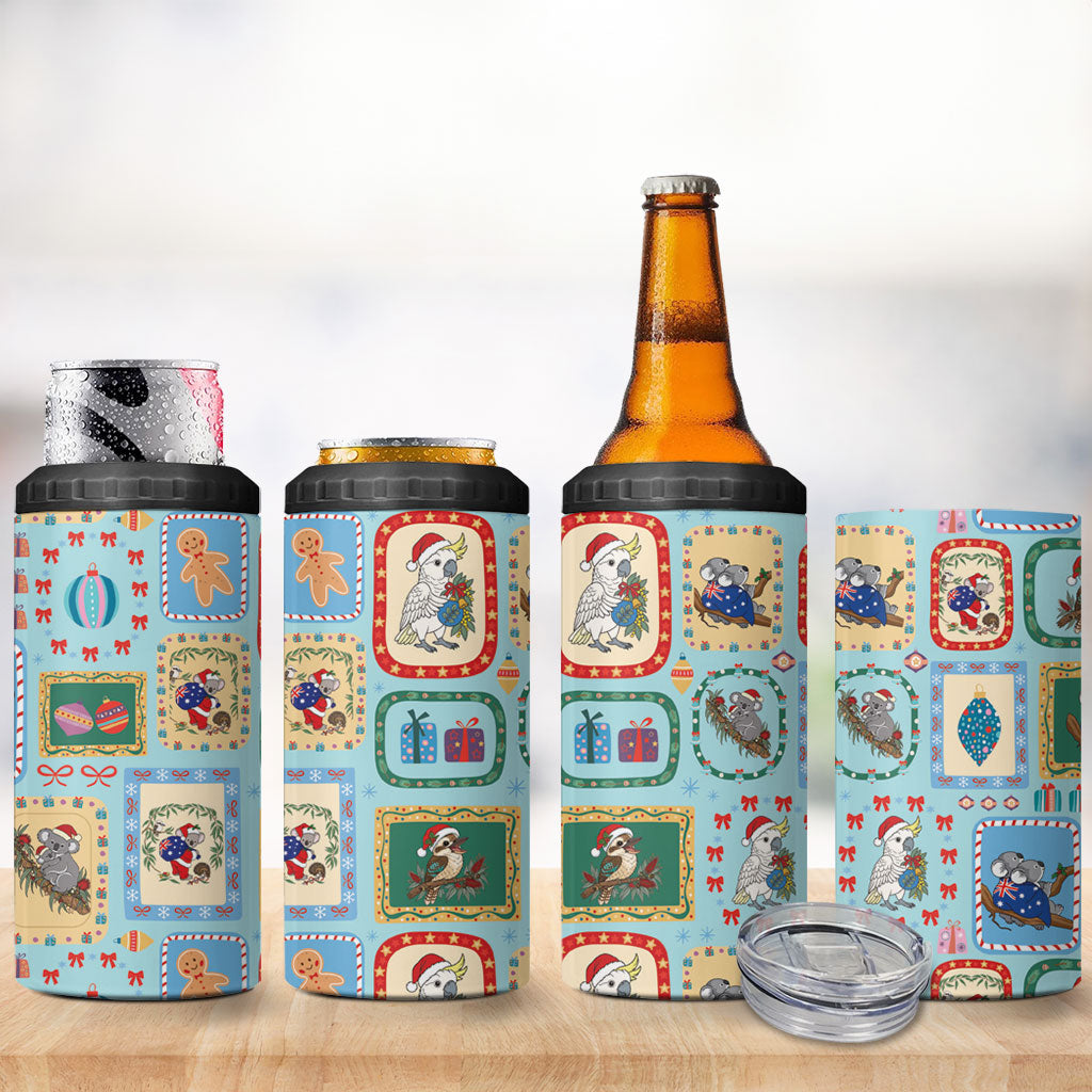 Australia Wildlife Christmas Stamp 4 in 1 Can Cooler Tumbler Blue Aussie Native Animal Seamless Pattern