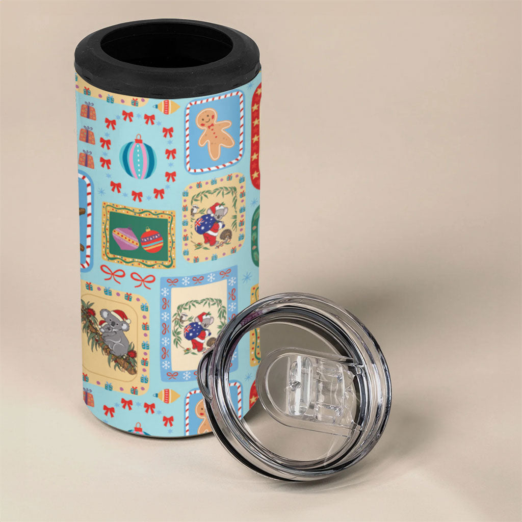 Australia Wildlife Christmas Stamp 4 in 1 Can Cooler Tumbler Blue Aussie Native Animal Seamless Pattern
