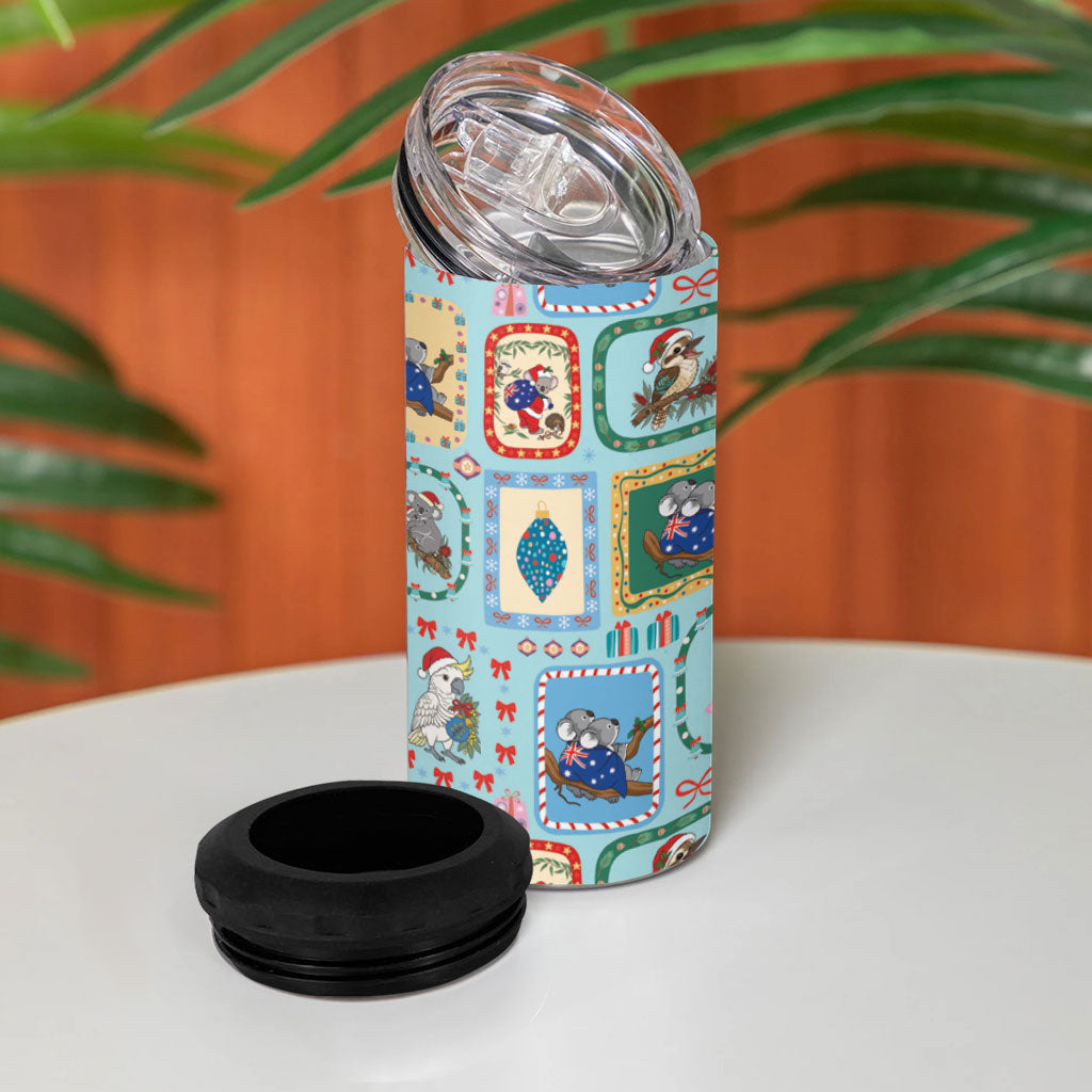 Australia Wildlife Christmas Stamp 4 in 1 Can Cooler Tumbler Blue Aussie Native Animal Seamless Pattern