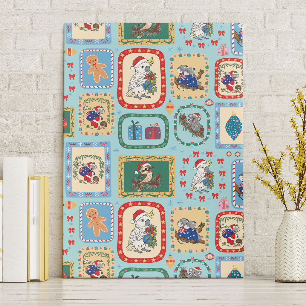 Australia Wildlife Christmas Stamp Canvas Wall Art Blue Aussie Native Animal Seamless Pattern